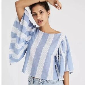 American Eagle Blue Striped Ruffle Bell Sleeve Top XS
